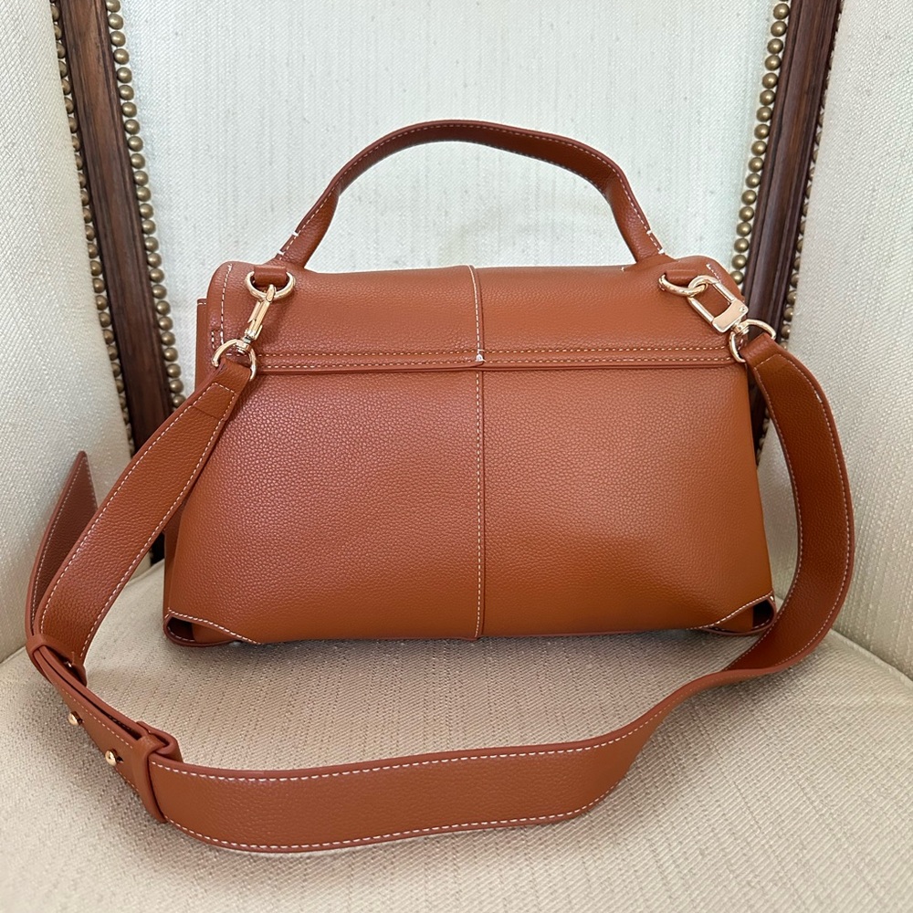 NEW Chic Minimalist Tan Faux Leather Structured Top Handle Satchel Bag - Picture 3 of 11